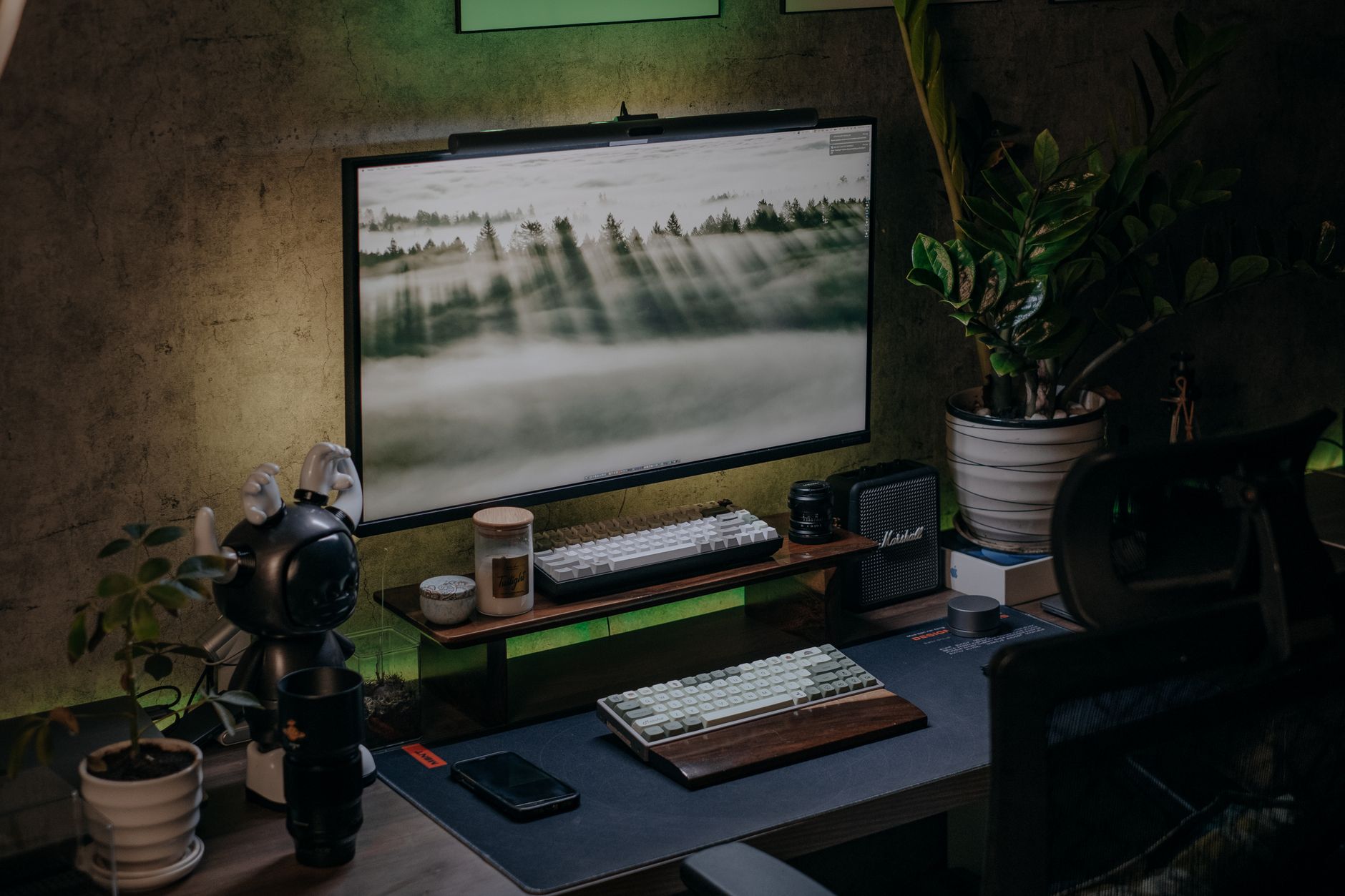 Postazione di lavoro domestica con monitor, tastiera e piante decorative
